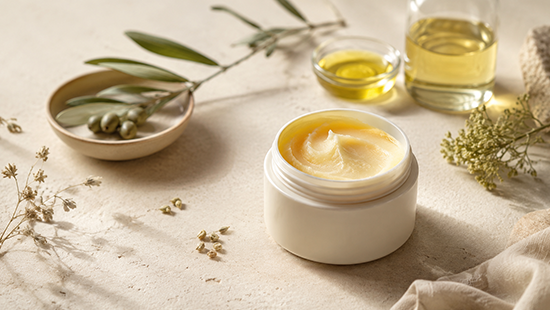 Minimalistisches Stillleben mit Balsam, Pflanzenölen und natürlichen Rohstoffen als Bild für bewusste und wasserfreie Hautpflege.